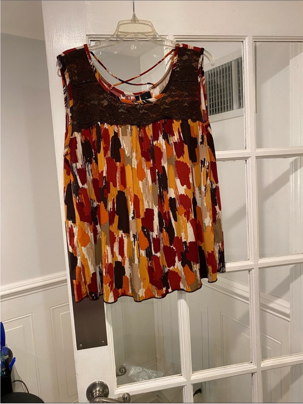 new directions Rust Red, Mustard & Brown Abstract Lace-Yoke Tank